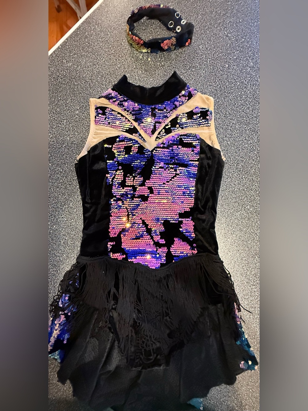 Glamour Black Dance Dress with Iridescent Purple Sequins Size Large Child